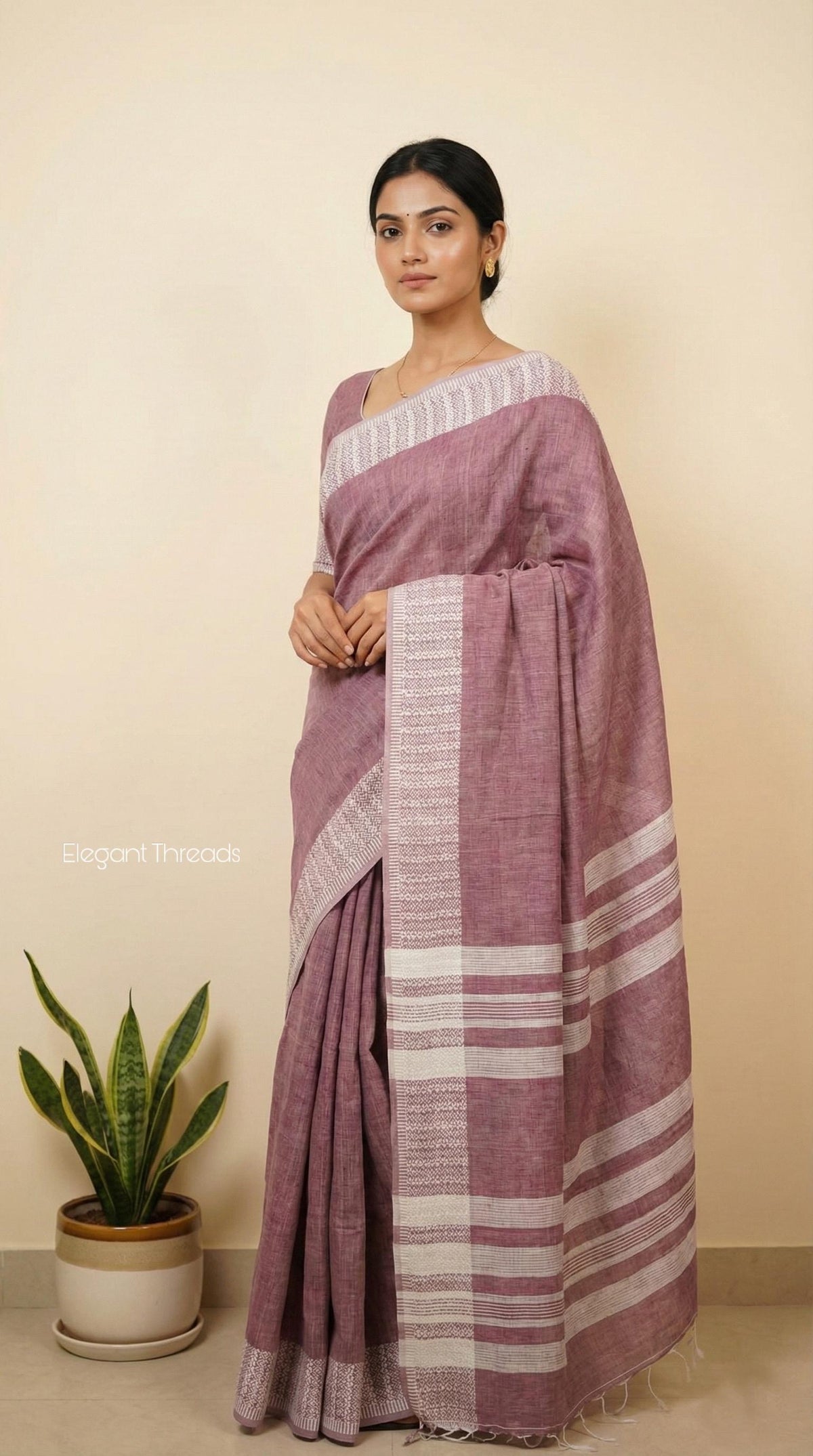 Luckhanvi- Dusty pink soft linen cotton saree with lakhnavi work