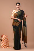 Multi colour pure khadi cotton saree with bagru handblock printed blouse