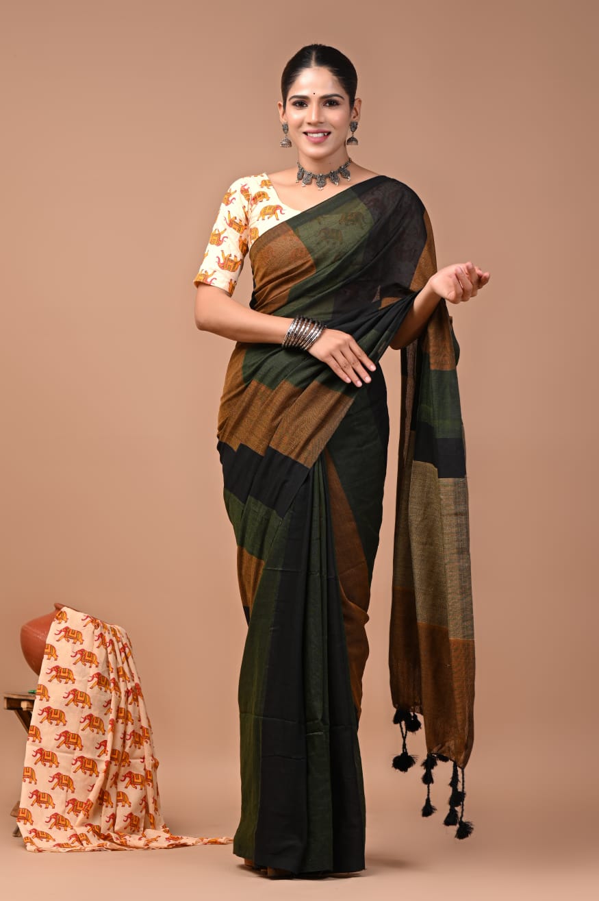 Multi colour pure khadi cotton saree with bagru handblock printed blouse