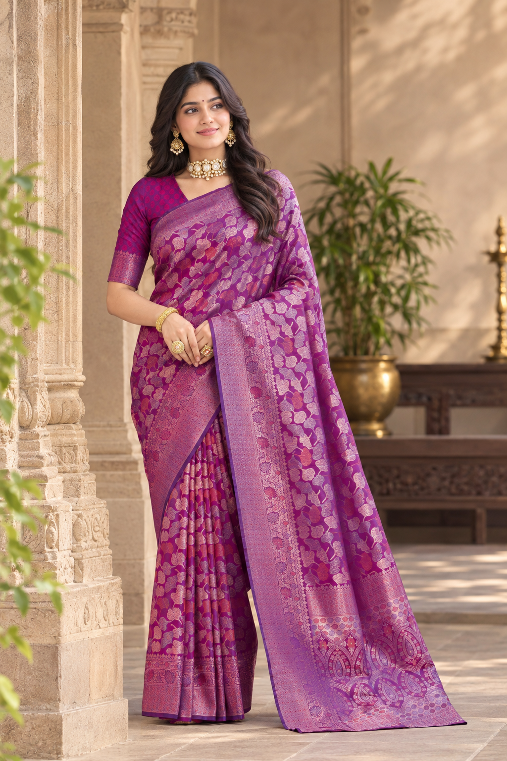 Purple color kanjivaram silk saree with zari weaving work