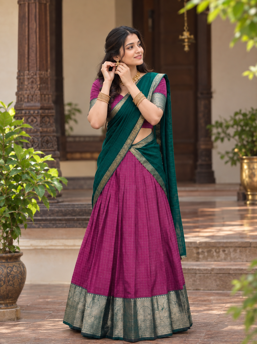 Magenta color soft dola chex lahenga choli with zari Weaving work dupatta