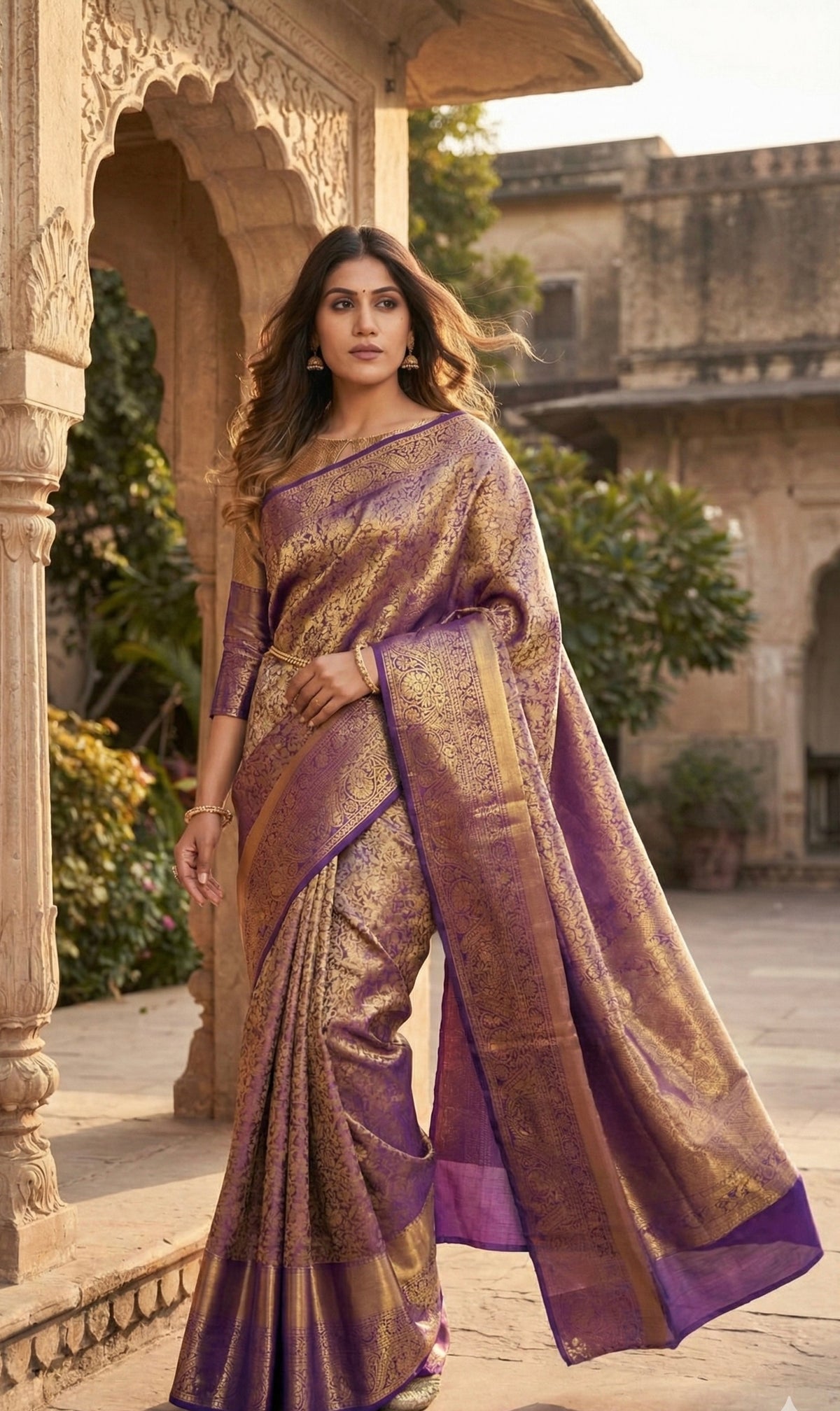 Kanchipuram banarasi tissue silk purple saree with zari weaving work