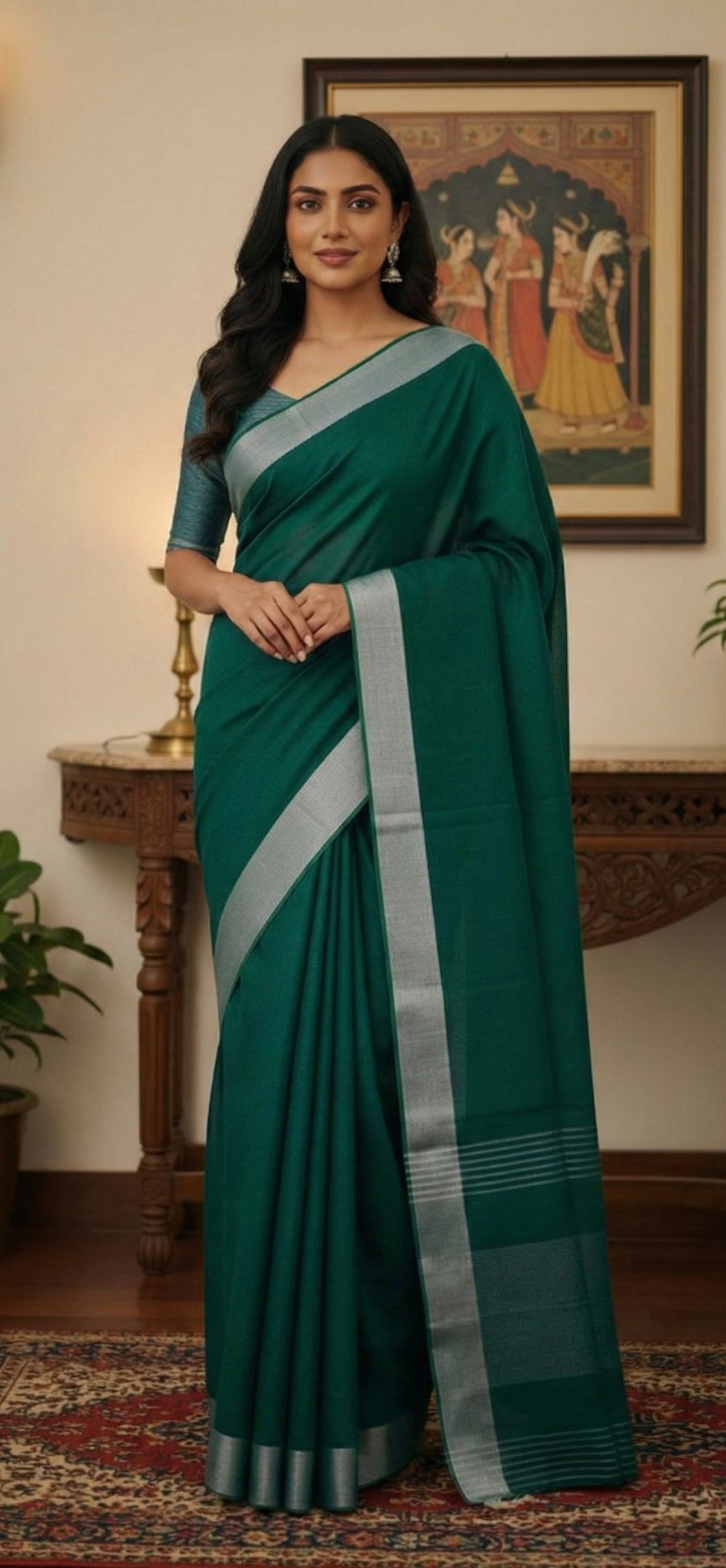 Rama green linen cotton saree with silver zari border