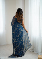 Navy blue color georgette saree with digital printed work and lace border