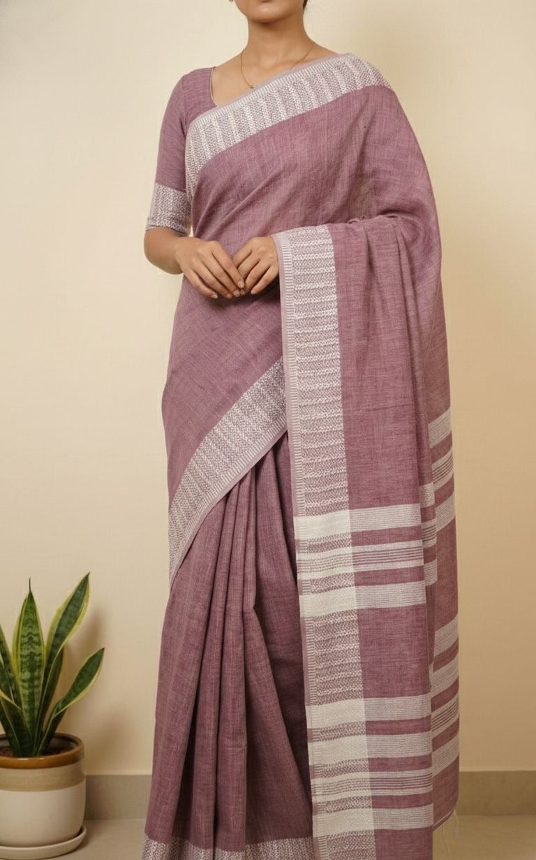 Luckhanvi- Dusty pink soft linen cotton saree with lakhnavi work