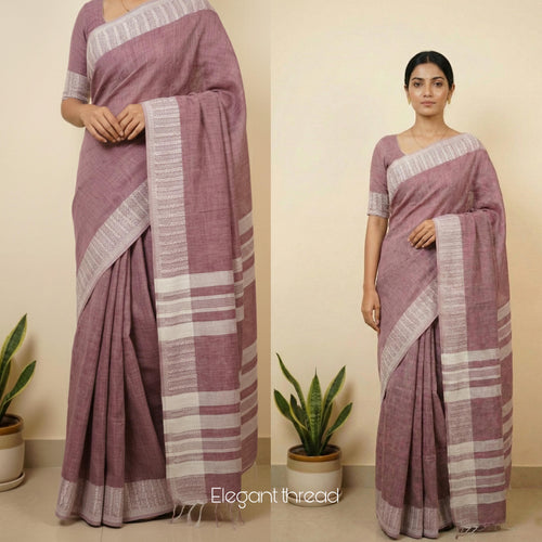 Luckhanvi- Dusty pink soft linen cotton saree with lakhnavi work