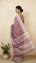 Luckhanvi- Dusty pink soft linen cotton saree with lakhnavi work