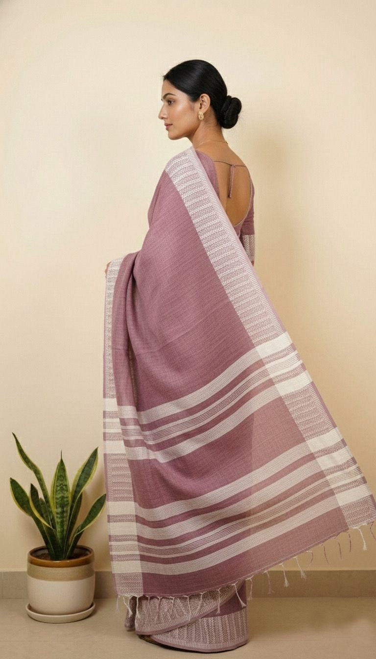 Luckhanvi- Dusty pink soft linen cotton saree with lakhnavi work