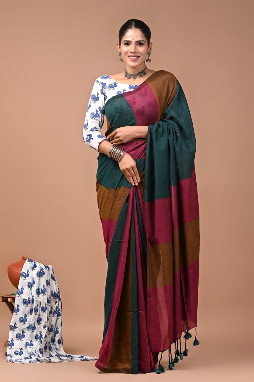 Multi colour pure khadi cotton saree with bagru handblock printed blouse